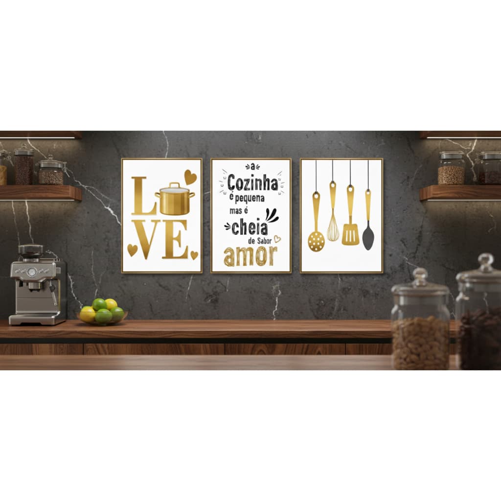 Quadros Decorativos 3 peças  para Cozinha Dourado Temperos Restaurante Negócios com frases