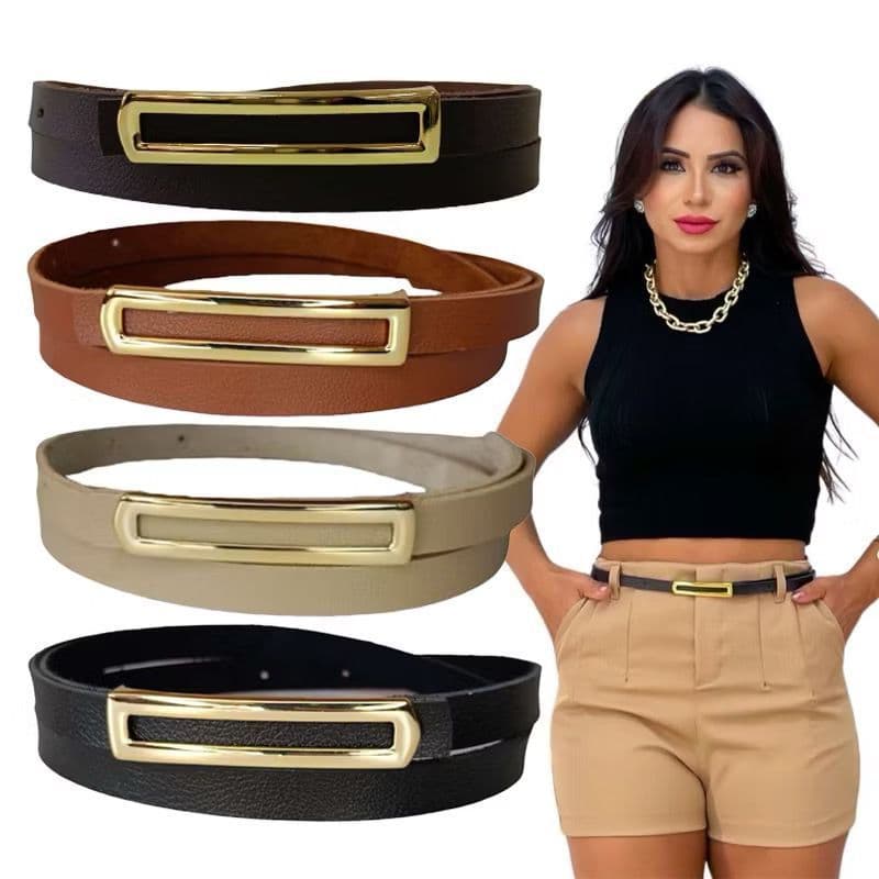 Cinto feminino fino da moda Para Vestido Short Calça Alfaitaria Fivela Alongada Dourado