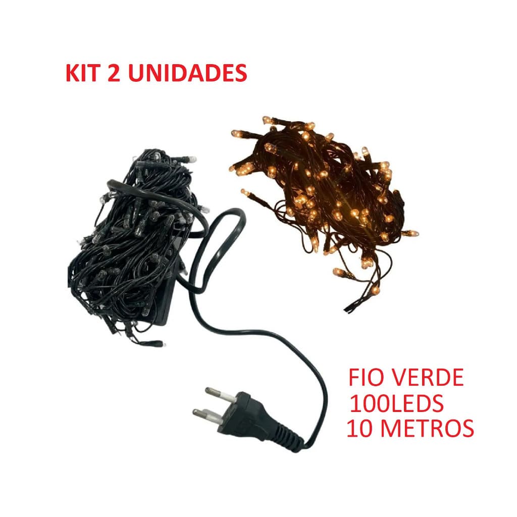 Kit 2 Caixa 100 Leds 110V Pisca Pisca 10 Metros Natalino Fio Verde Decorativo Multicolorido