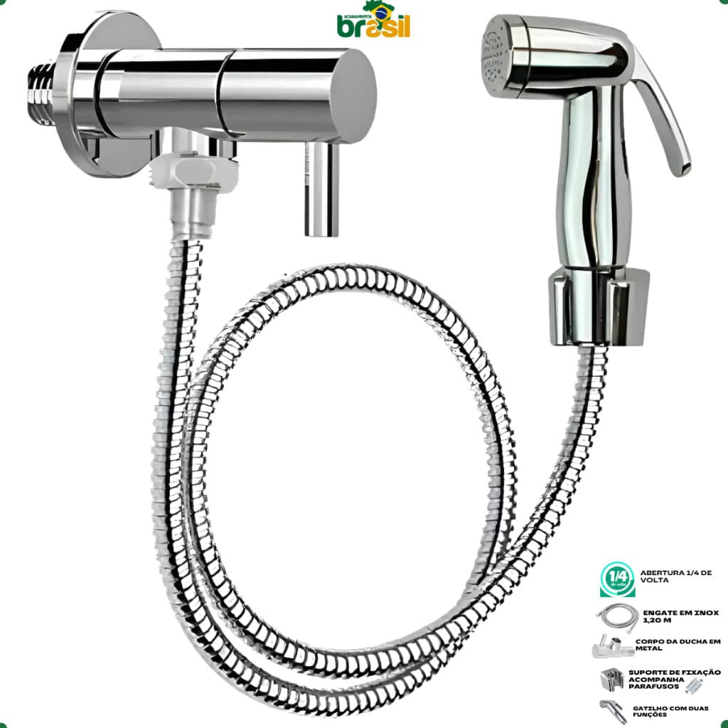 Ducha Higienica Premium Metal Cromado 1/4 De Volta Inox Completa Suporte Parafusos