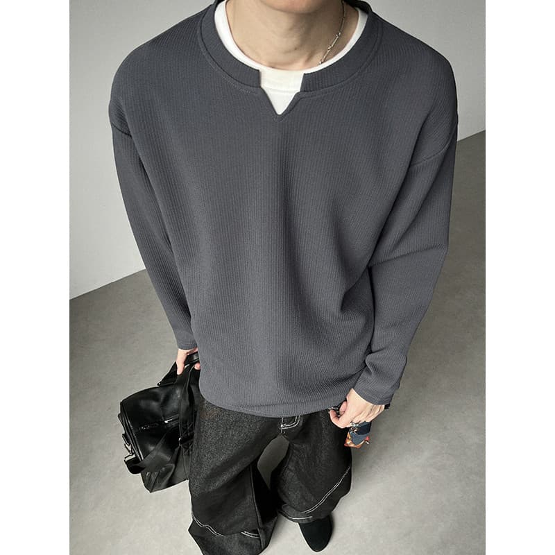 Moletom texturizado com decote em V masculino outono americano cleanfit solto gola Henry camiseta de manga comprida cami