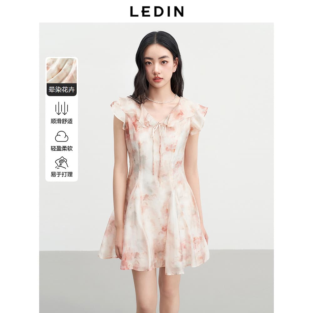 Le tingido flor rosa dupla camada babados saia 25 verão novo estilo com decote em V vestido de renda saia grande bainha