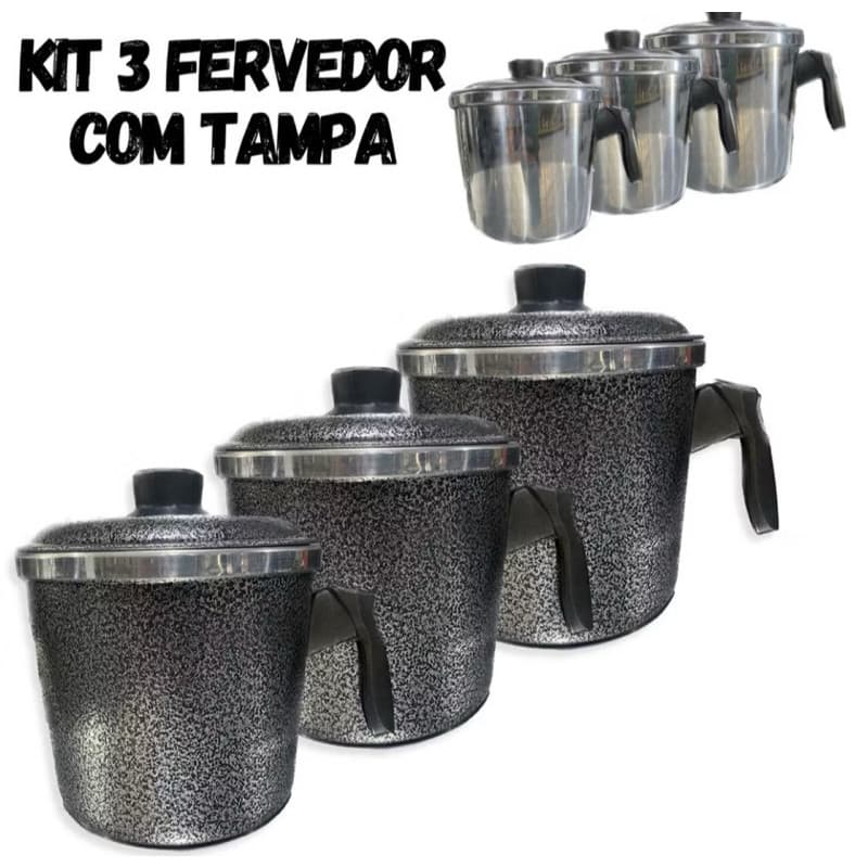 Jogo Leiteira Canecao Fervedor 3 Peças Em Aluminio Com Tampa N 12 14 16 Craquelado Polido