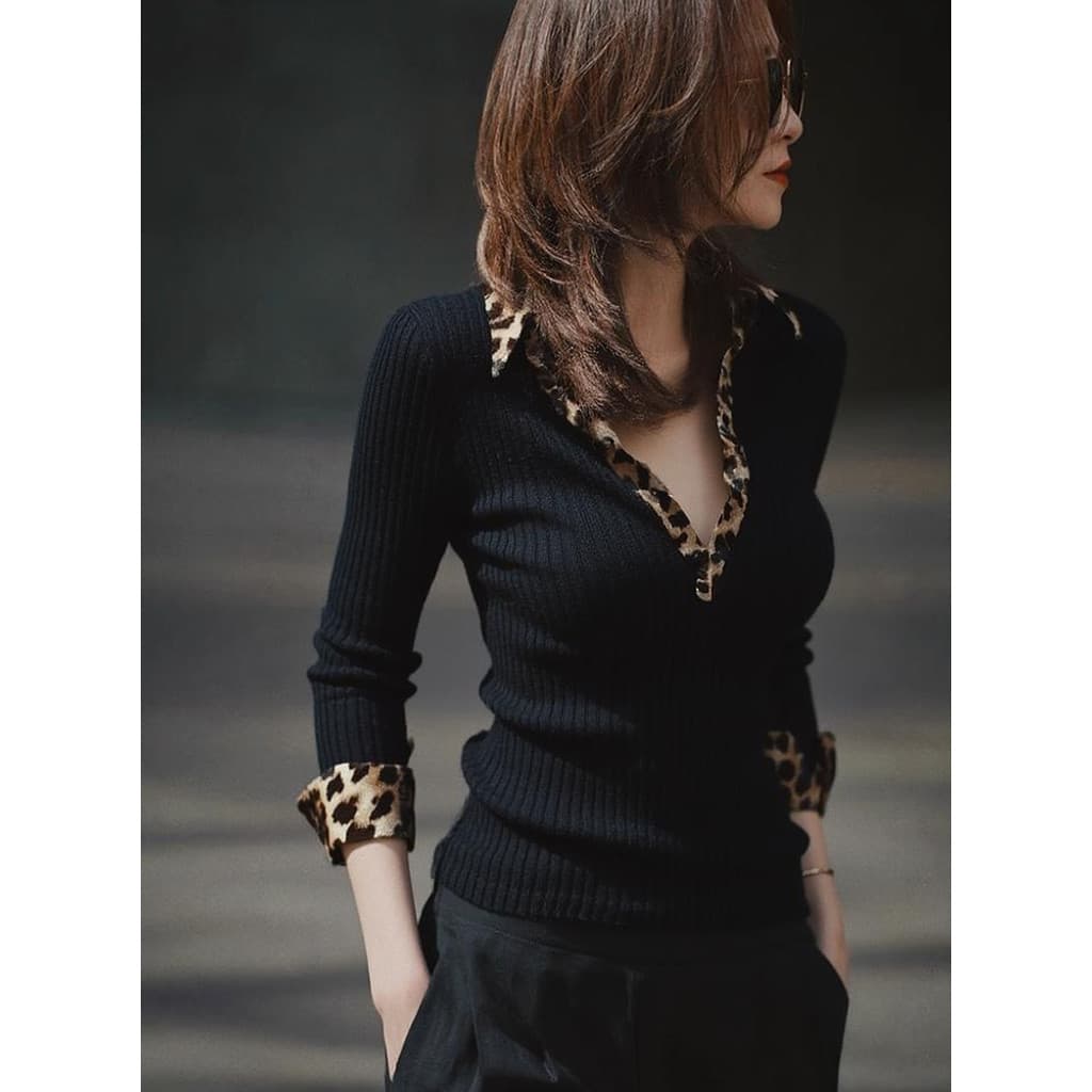2026 primavera macio ceroso estilo preguiçoso topo francês único High-End Super agradável preto leopardo impressão malha