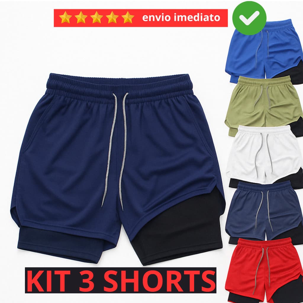 KIT 3 Shorts Masculino 2 em 1 Academia