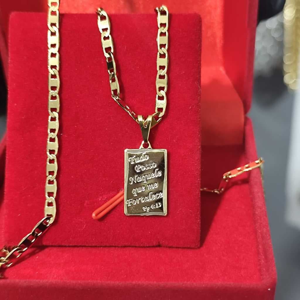 Corrente Cordão Infantil Piastrini Piastrine 3mm Banhado A Ouro 18k + Pingente Tudo Posso