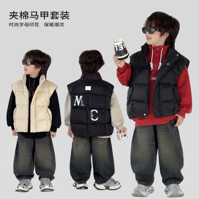 Terno de menino de trabalho médio colete de algodão moletom de lã calças Machete 2025 novo estilo roupas infantis terno