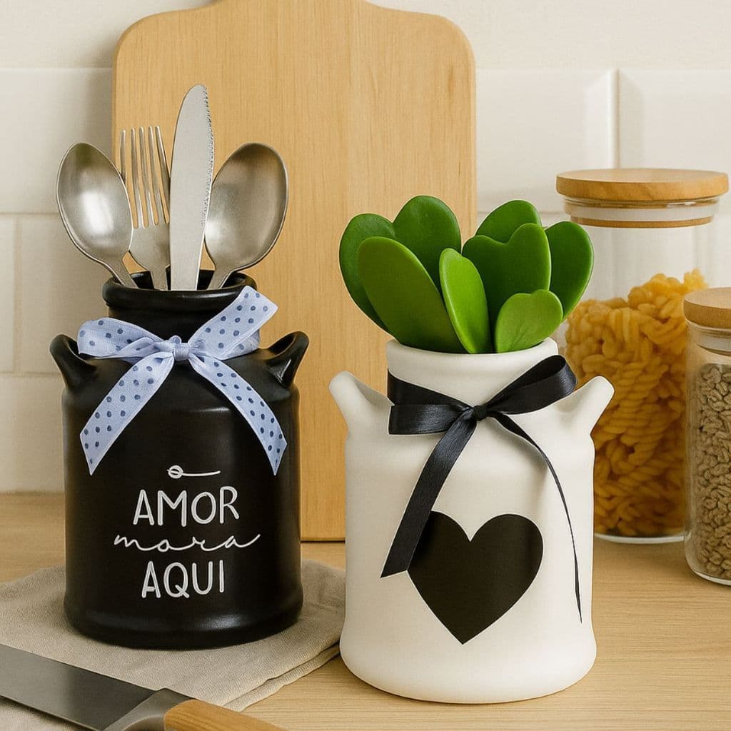 Kit 2 Vasos Leiteira em Cerâmica – Decoração para Lar, Jardim e Uso como Porta Talheres
