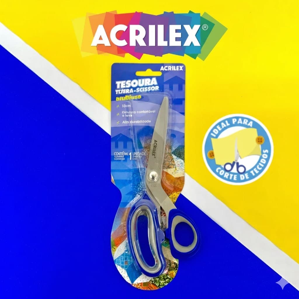 Tesoura Multiuso Azul Acrilex 20cm Aço Inoxídavel Corta Tecido Profissional