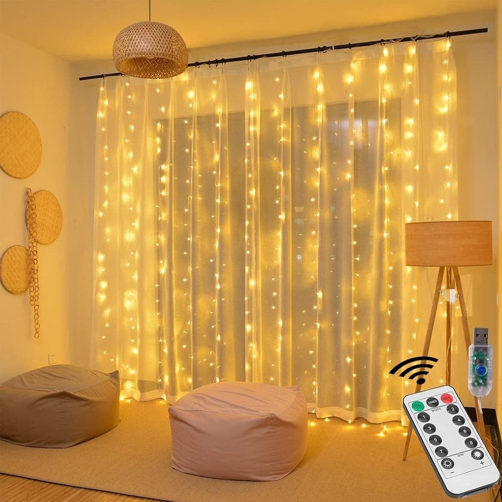 3x3m Decoração de Natal Cortina de luzes LED USB com 300 LEDs, com comando, 8 modos de iluminação, 127/220V.