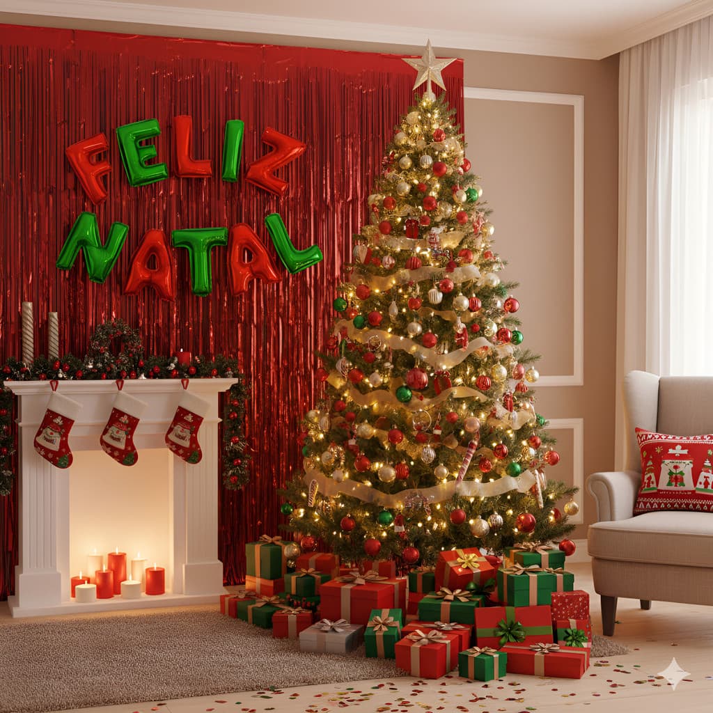 Balão Metalizado Feliz Natal + 2 Cortina 1m Vermelha Decoração Natal Enfeite Decoração Árvore de Natal