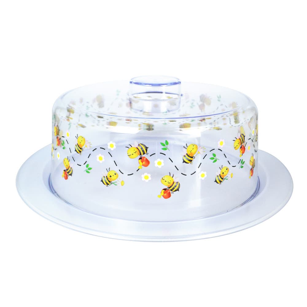Queijeira Redonda Transparente Decorada Tampa Acrílica com Base para Queijos e Doces