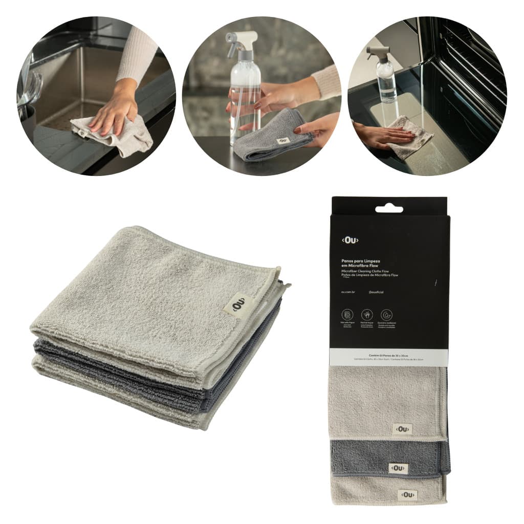 Kit 3 Panos Flanela de Microfibra 30cm Reutilizável Multiuso Para Limpeza Lavanderia Premium Flow OU