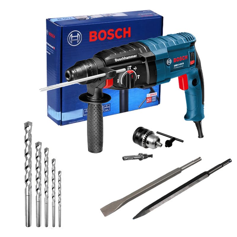Bosch Martelete Perfurador Rompedor GBH 2-24D 820W SDS Plus com Kit Brocas e Talhadeira