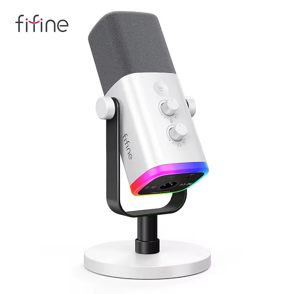 Microfone Dinâmico Gamer Fifine Ampligame, RGB, Cardióide, USB-C, Anti-Ruído, Para Streaming, Branco - AM8