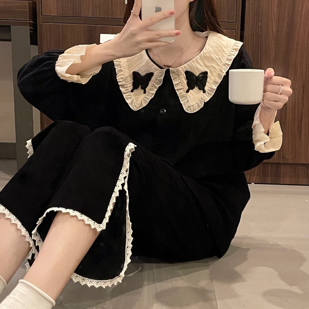 Simples borboleta pijamas de manga comprida feminino Casual primavera outono verão 2023 novo estilo preto Homewear calça