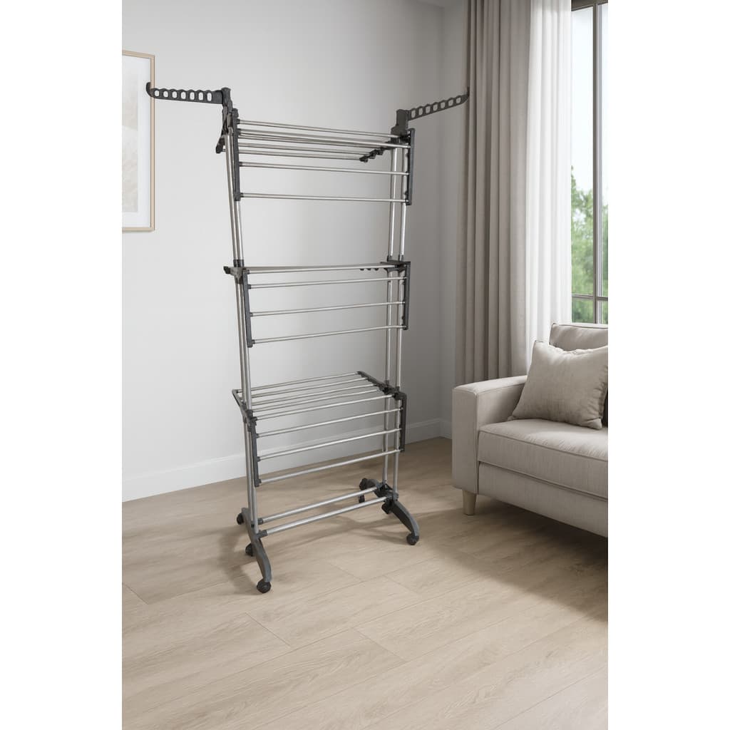 Varal Dobrável Multi Andares Suporte Cabideiro 3 Níveis Compacto Preto Resistente
