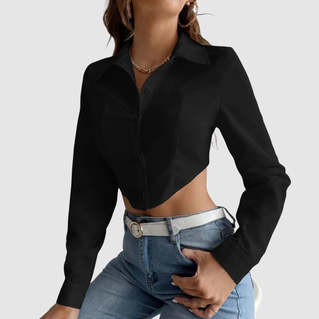 Camisa Cropped  Crepe Feminina Manga Longa Social Moderna Estilo Elegante