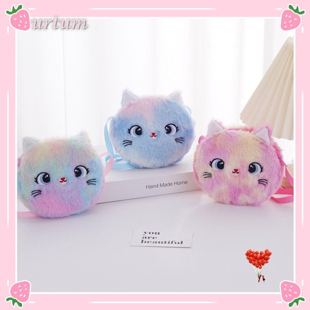 Bolsa De Ombro URTUM , Crossbody Infantil Macia De Pelúcia , Bolsas De Cor Arco-Íris De Gato De Desenho Animado
