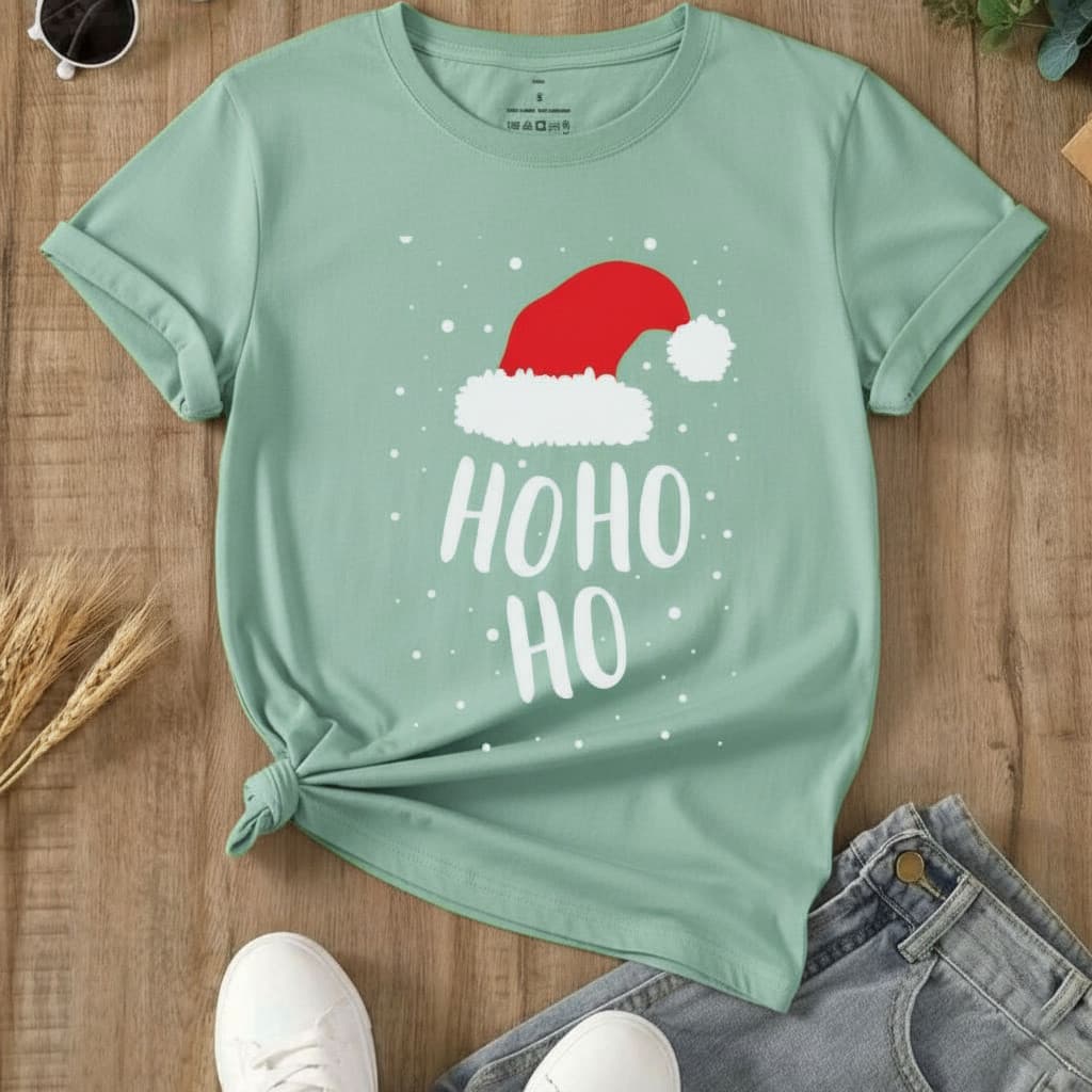 Camiseta Feminina de Natal HOHOHO Blusinha Gorro Noel Moda Natalina