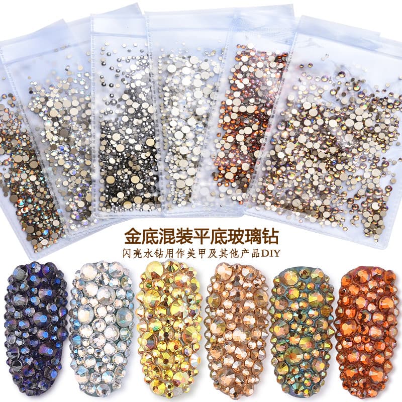 Acessórios de Manicure fundo plano diamante transparente AB fundo dourado vidro strass prego diamante decoração DIY tama