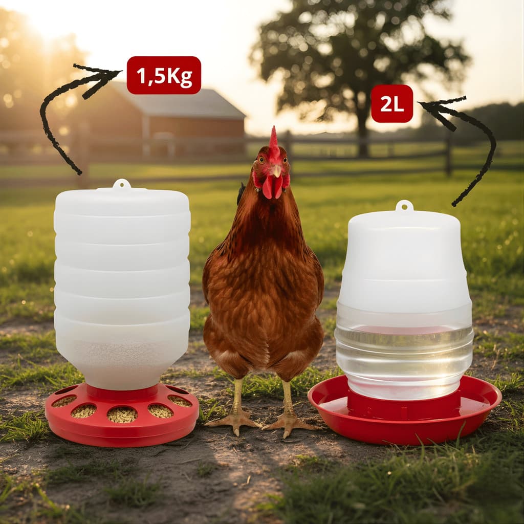 Kit Comedouro 1,5kg e Bebedouro 2L para Aves Galinha Pintinho Codorna Frango