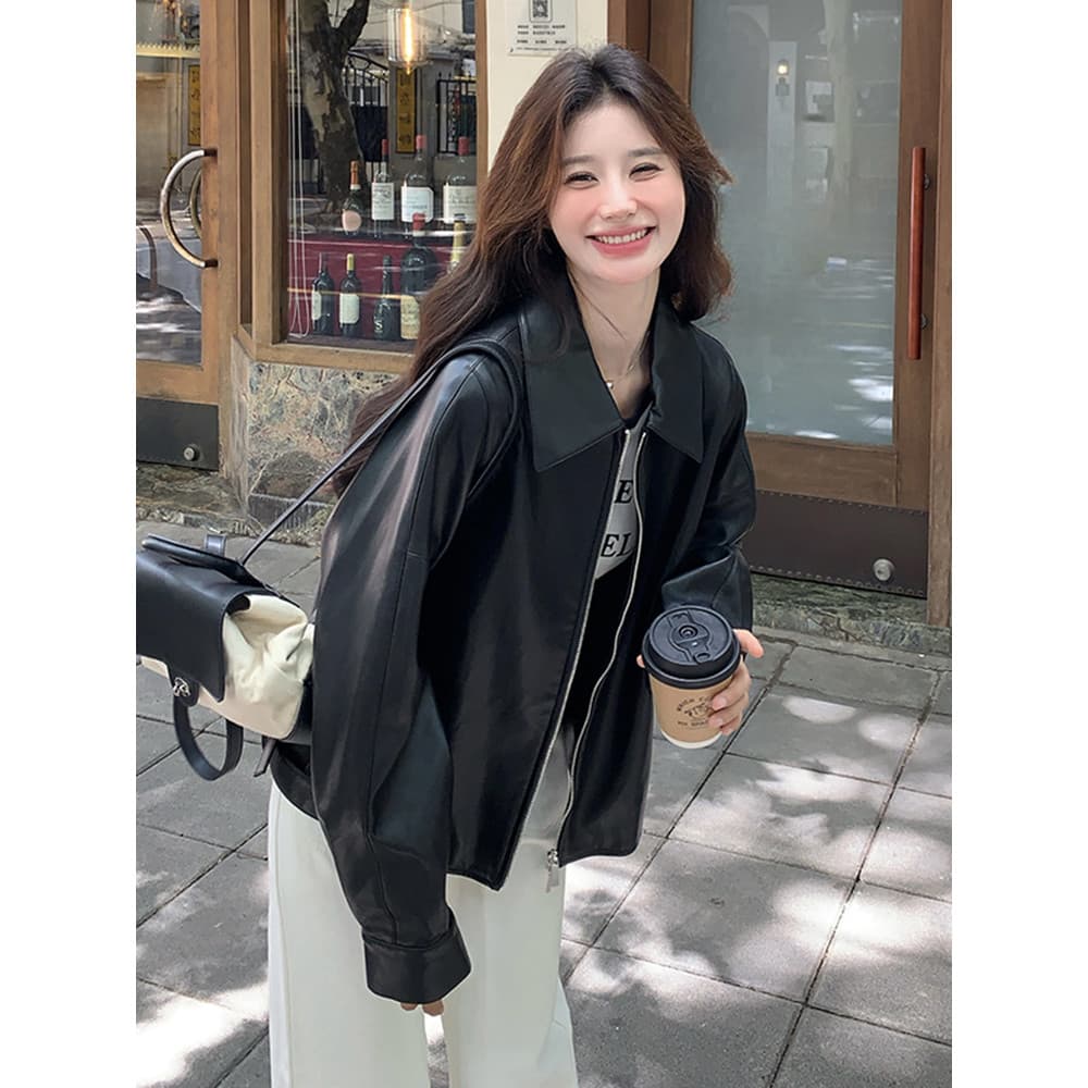 2025 primavera moda novo estilo preto High-End jaqueta de couro feminino coreano Retro pequeno All-Match jaqueta de cour
