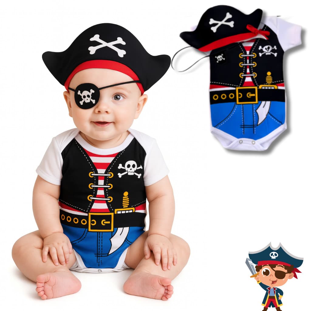 Body Bebê Infantil Menino Mêsversário Temático Dos Piratas Super Confortável Linha Premium