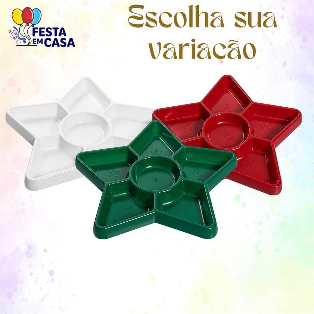 Kit 3 Bandejas Petisqueiras Natal Estrela 24cm - Diversas Cores Bandeja Natalina Lançamento