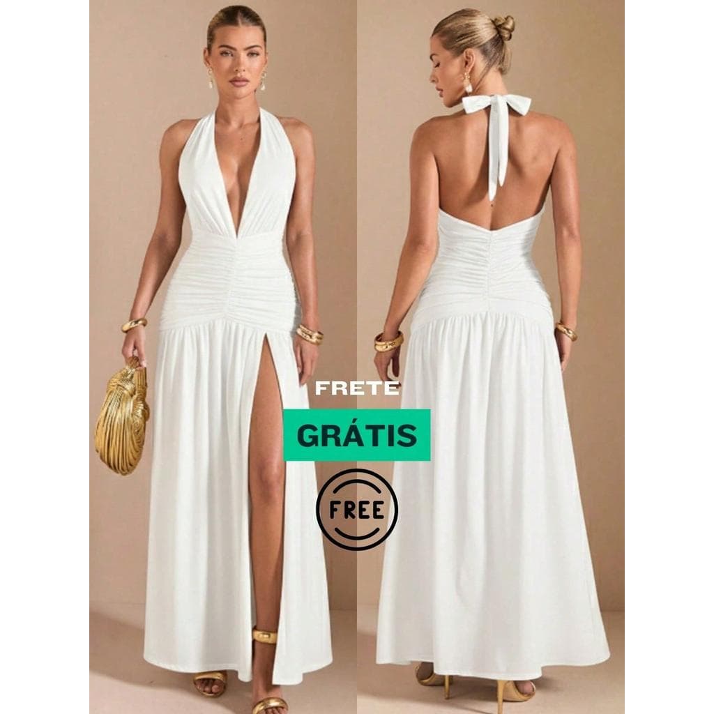 Vestido Longo com Fenda na Perna e Amarração no Pescoço – Vestido Feminino de Festa em Tecido Suplex Liso e Elegante