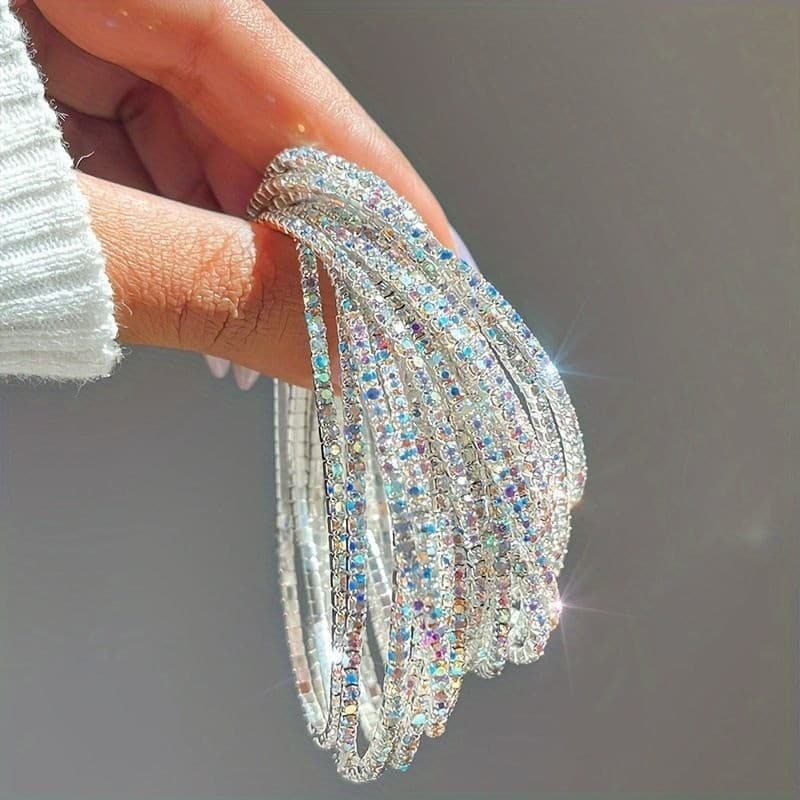 2 Peças Pulseira Super Brilhante Cheia De Diamante AB Elástica Fileira Única Corrente De Cutelo Colorido