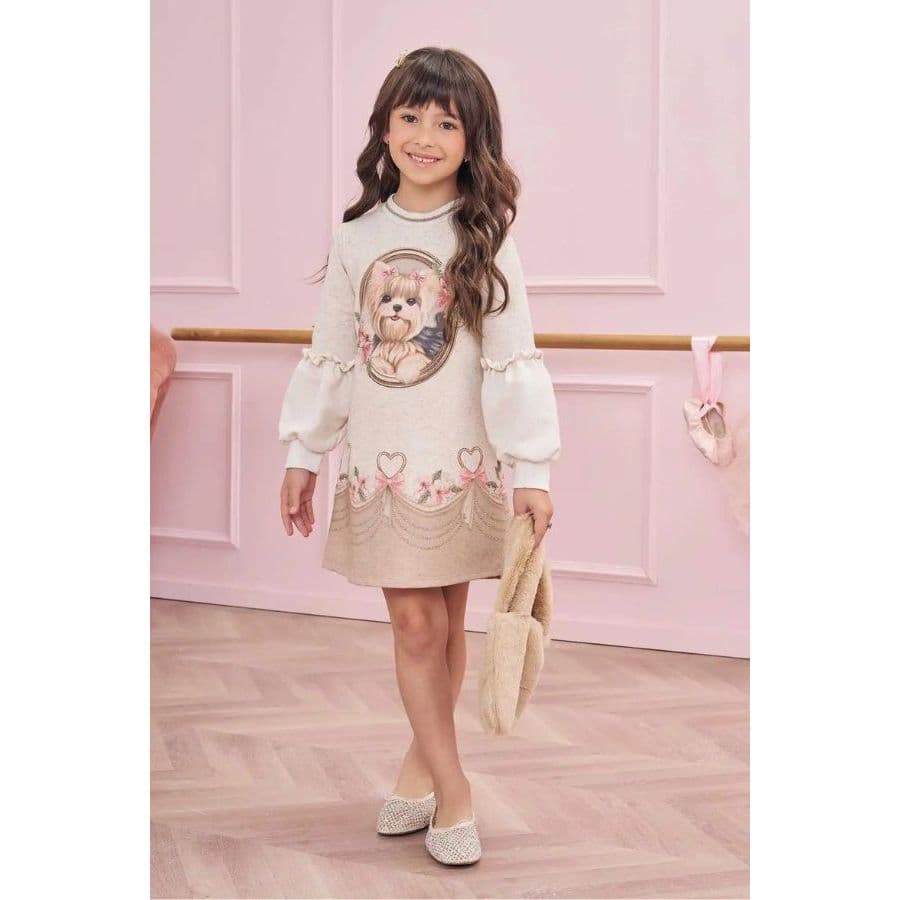 Vestido em Moletom Linho com Bolsa em Pelo - Infanti