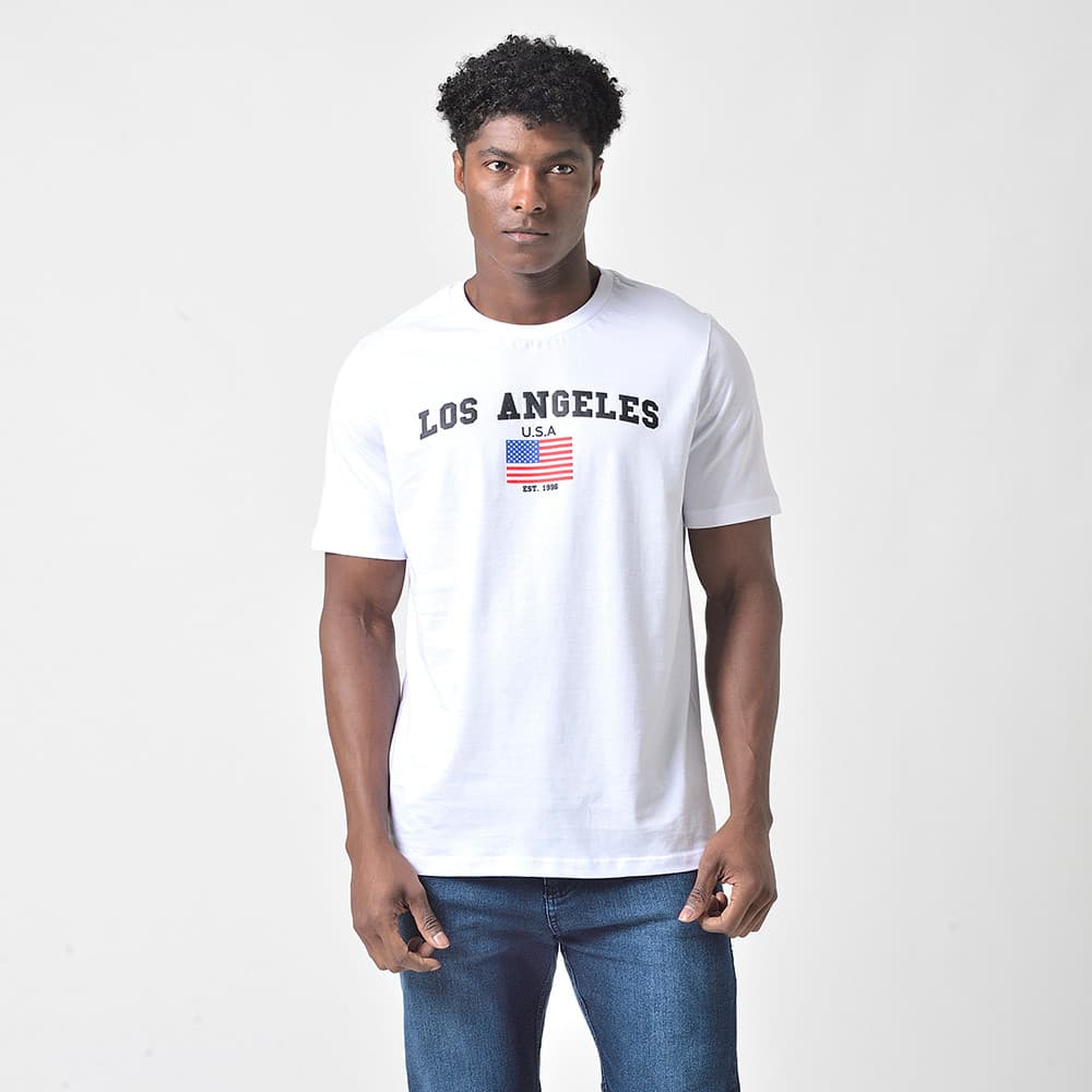 Camiseta Masculina Manga Curta Estampada Los Angeles Branca