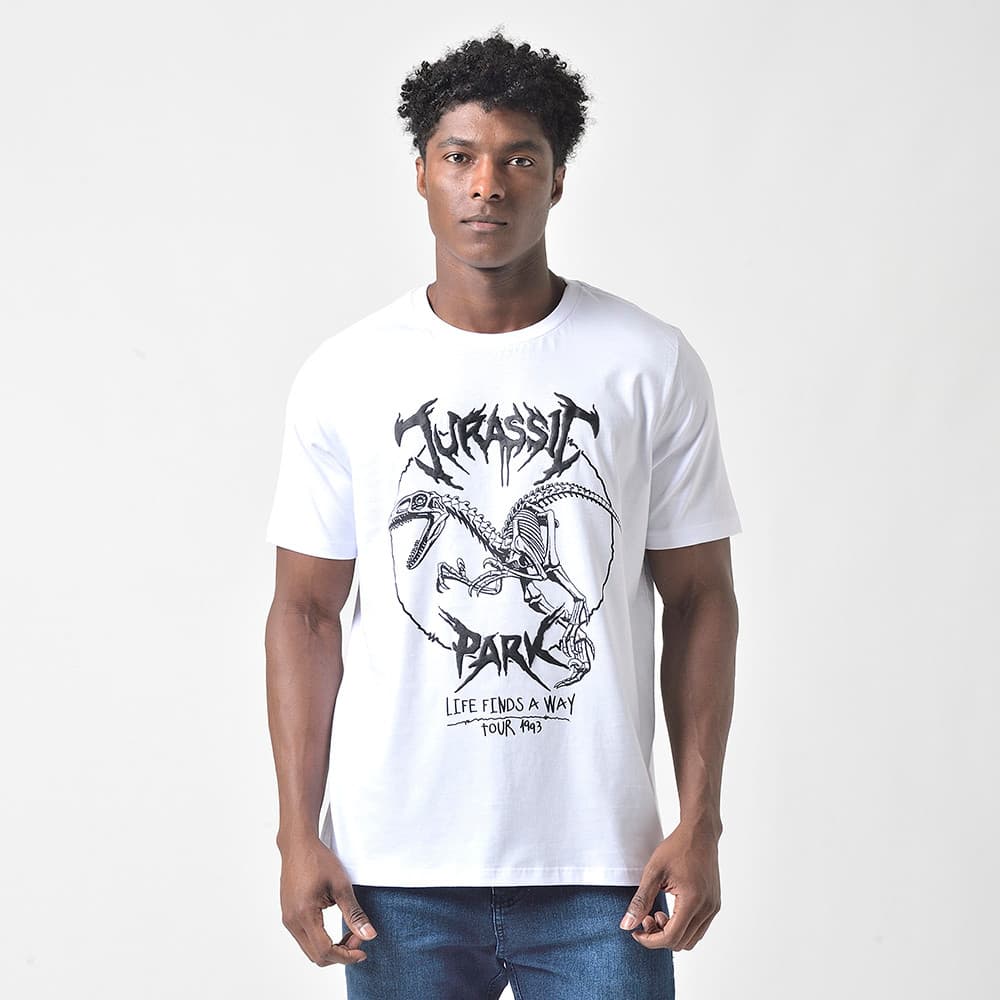 Camiseta Masculina Jurassic Park Branca Estampa Esqueleto Tour 1993