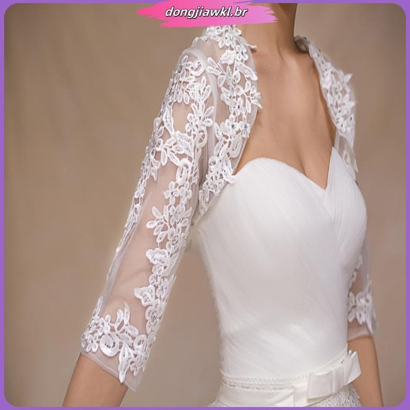 Jaqueta De Casamento Com Cistal De Renda Manga Média Para Mulheres Vestidos De Noiva Brancos