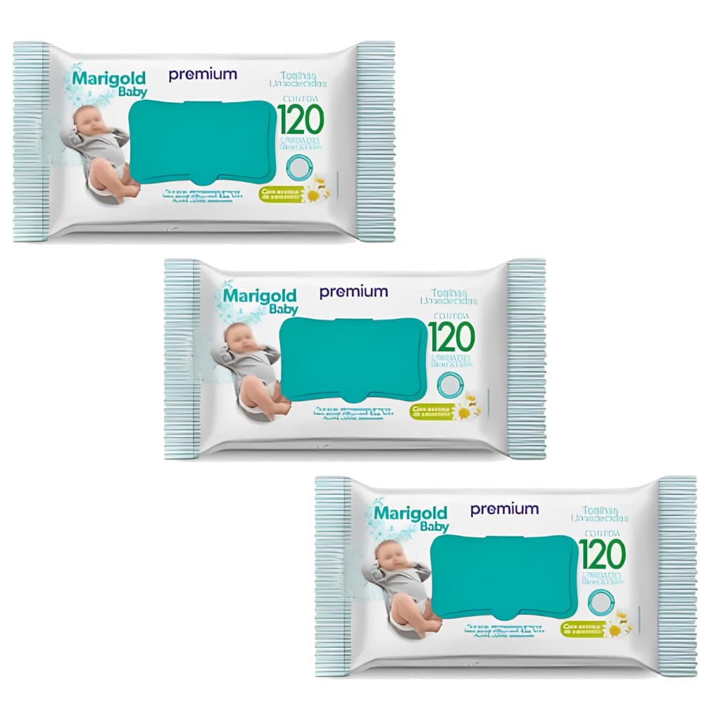 Kit Com 3 Toalhas Umedecidas Marigold Extrato de Camomila - VERDE (360 lenços)