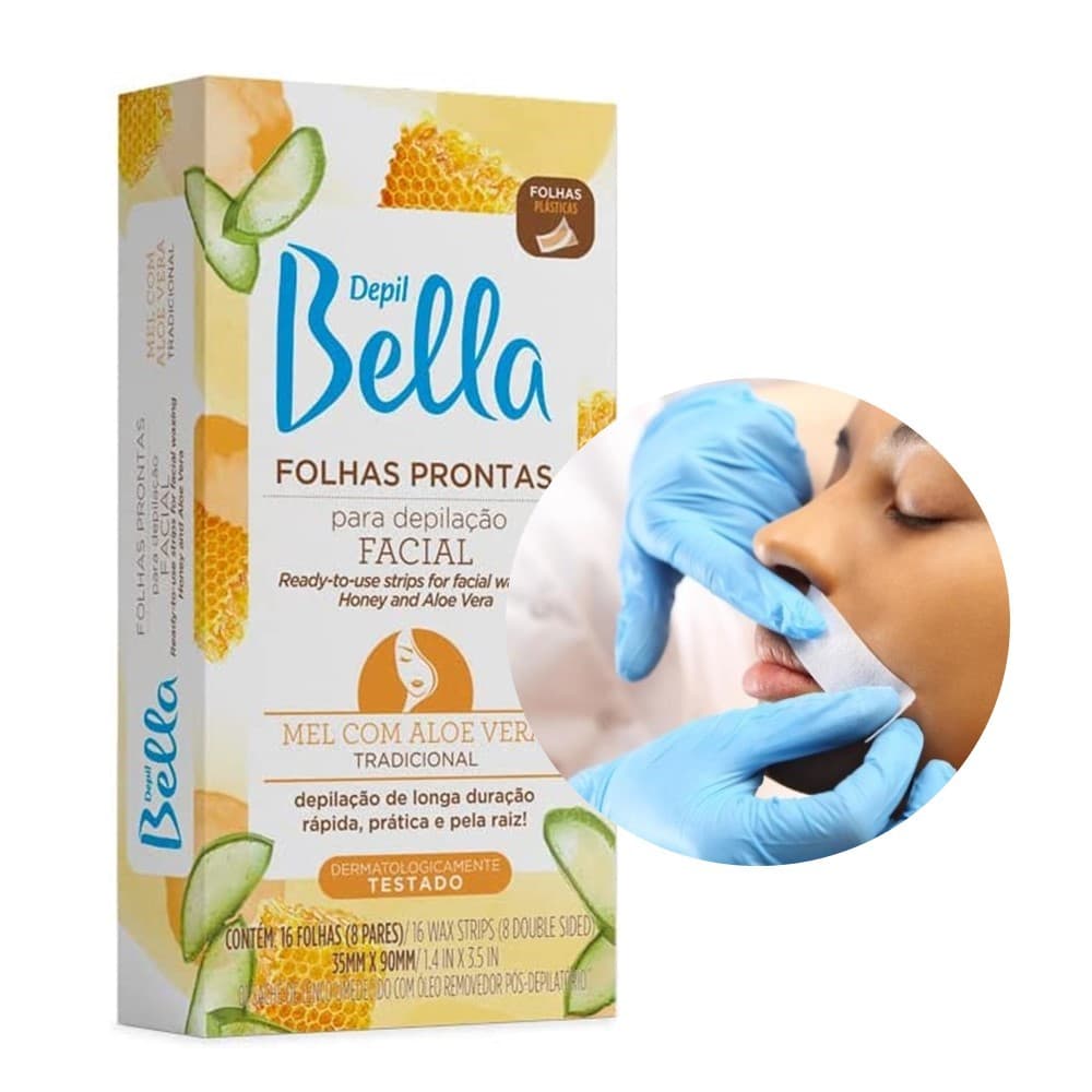 Folha Pronta para Depilação Facial Buço Sobrancelha Mel com Aloe Vera 16un Depil Bella
