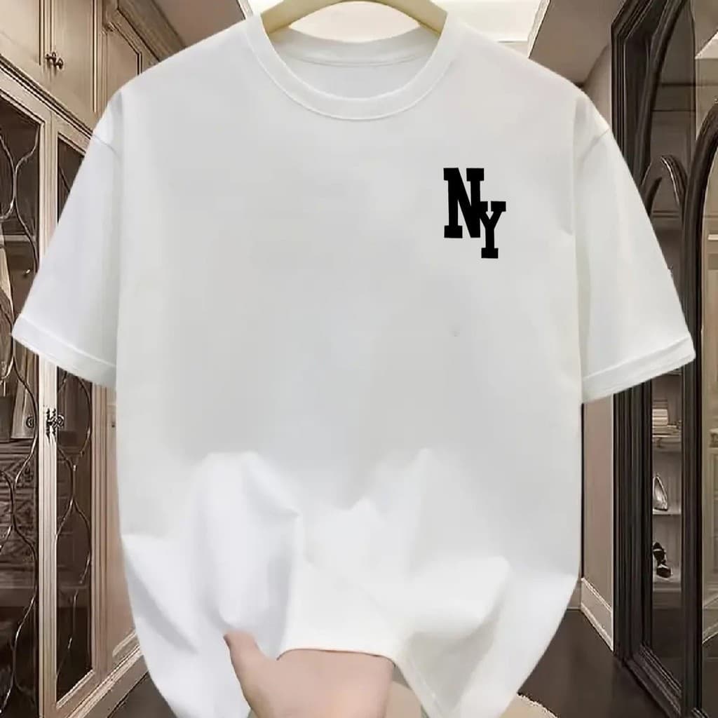 Camiseta Masculina 100% Algodão com Logo NY - Bege e Estampa Preta de "NY", Manga Curva Gola Redonda