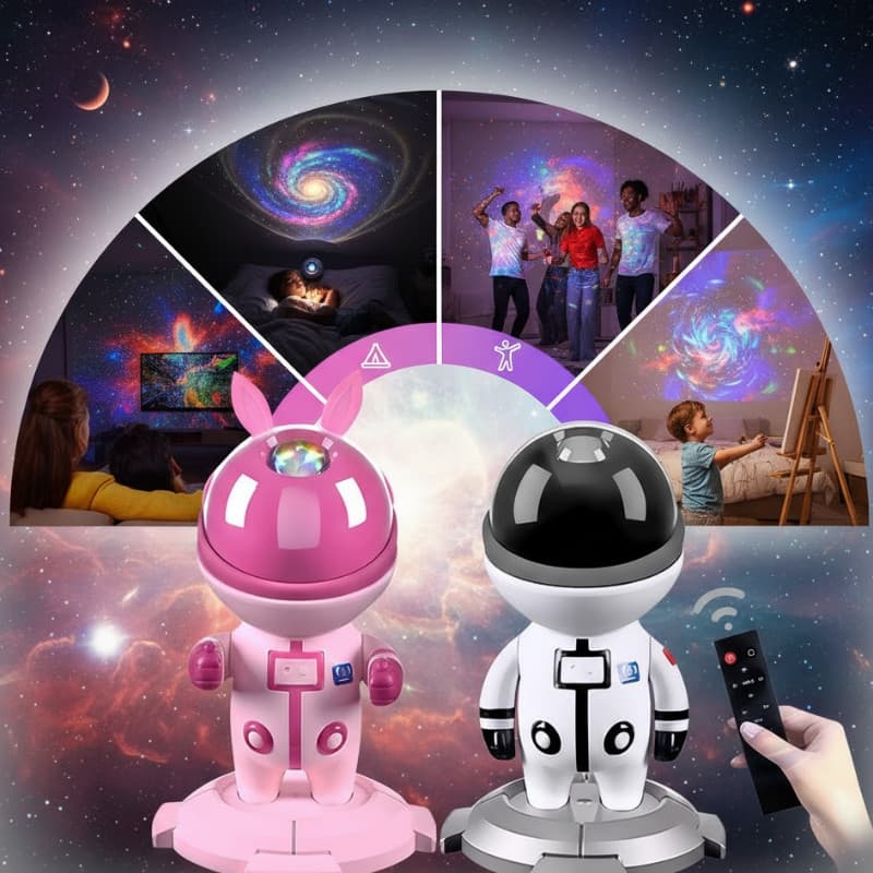 Luminária Projetor Astronauta Menino e Menina Luz Galáxia Estrelas Led Controle e cabo USB