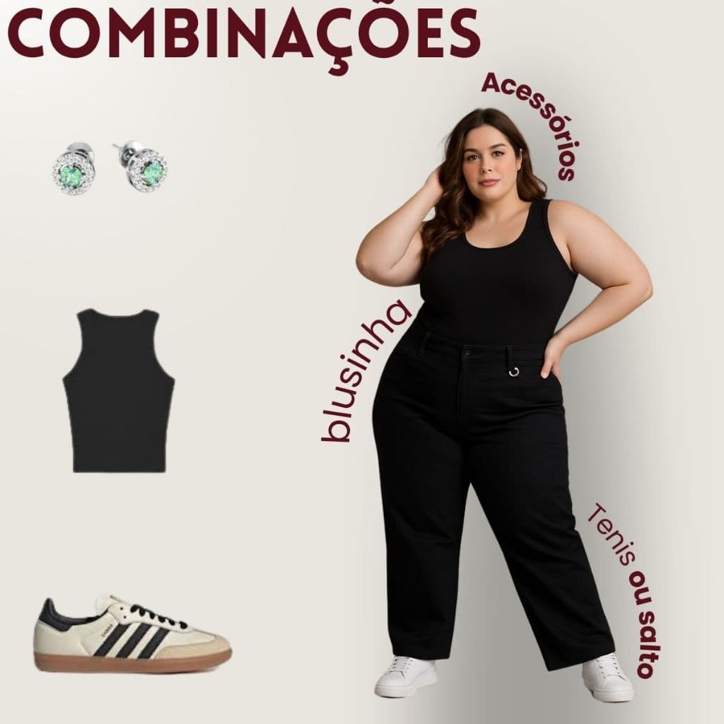 black friday Calça Wide Leg Jeans Plus Size Preta Lisa Premium Cintura Alta Envio Imediato
