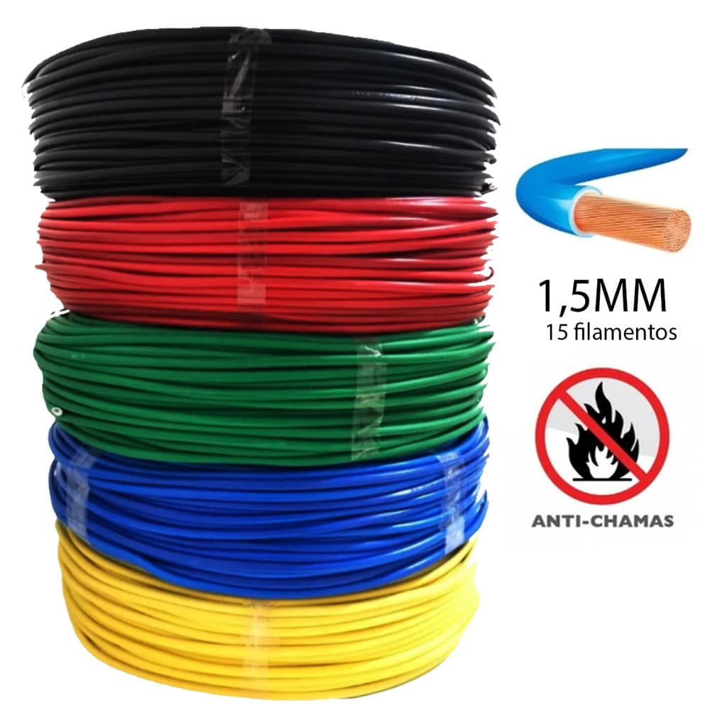 Cabo Elétrico Flexível 1,5mm X 50m Colorido Fio Residencial Fio Elétrico Anti Chamas Rolo Fiu