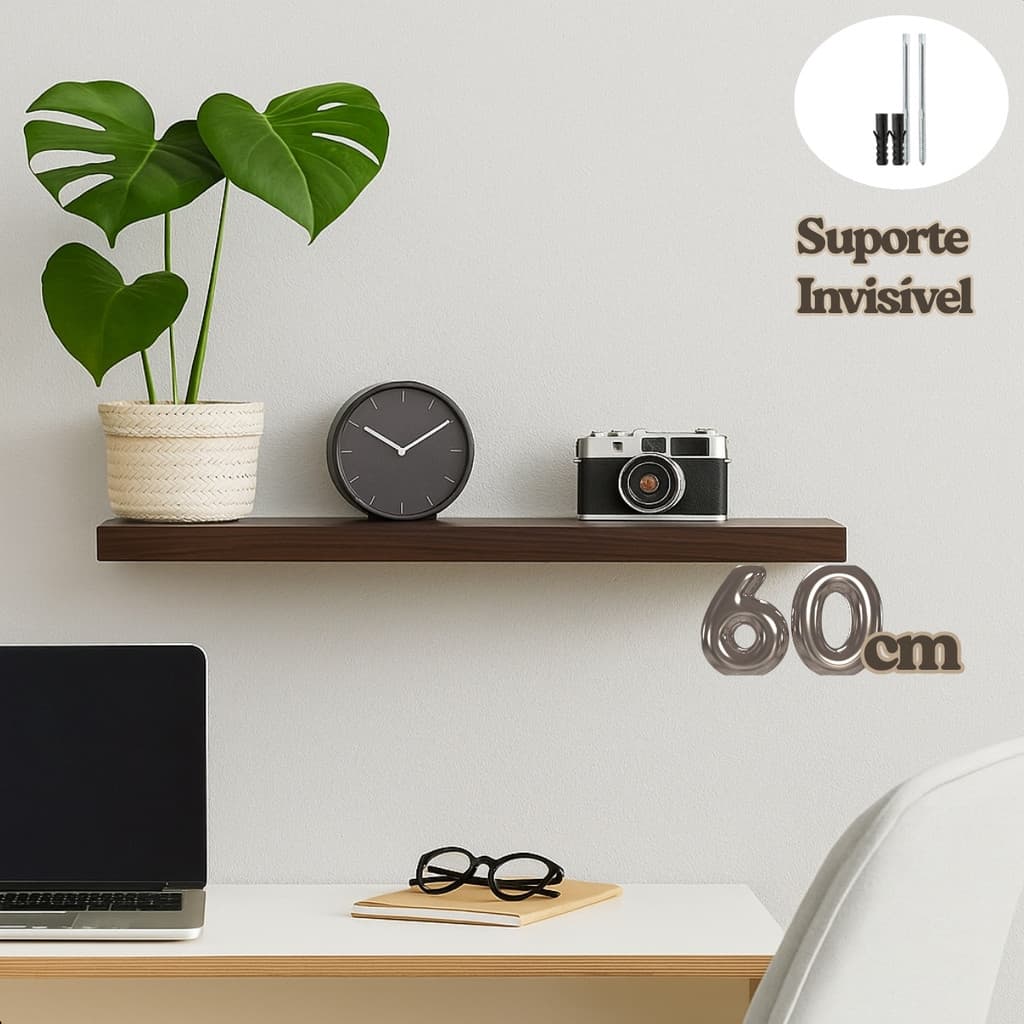 Prateleira Criar Com Suporte Invisível 20 x 60cm Tabaco Casa Moveis Estante