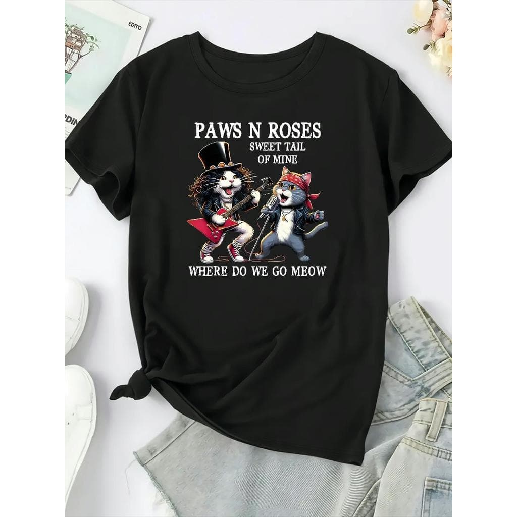 Camisa Camiseta Algodão Feminina Plus Size Paws N Roses Black Cat Gato Rosas Rock Estilosa Confortável Divertida Verão T