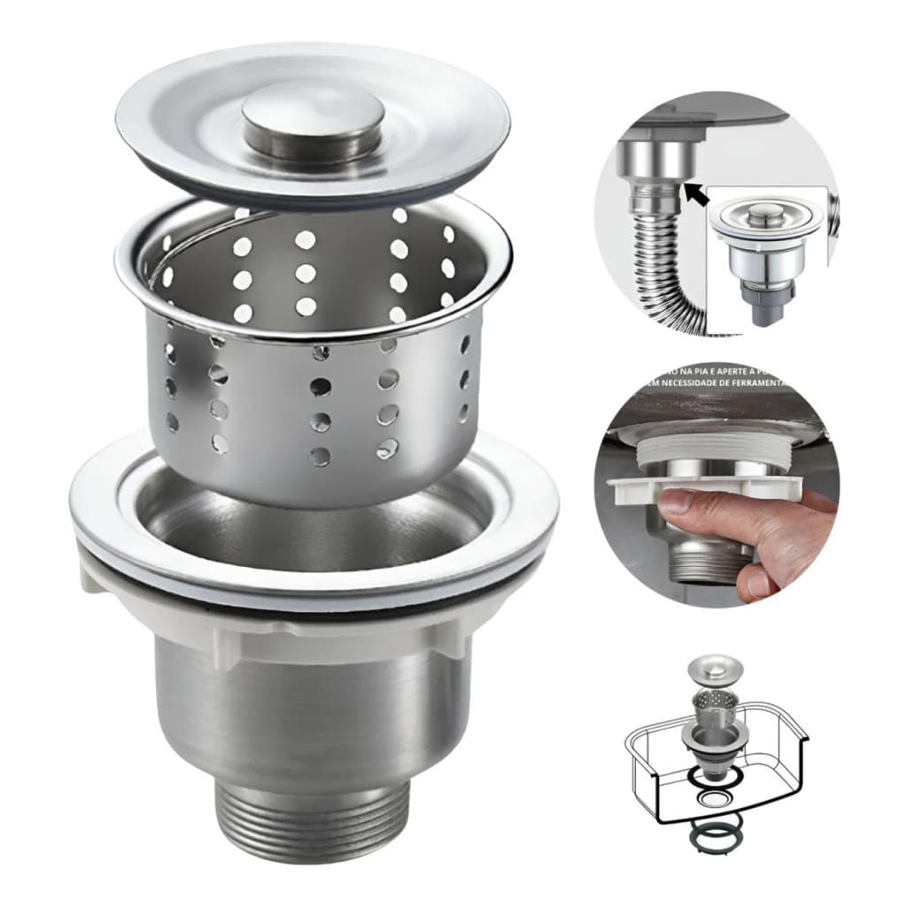 Válvula Dami Cuba Pia Ralo Cozinha 4 1/2 100% Inox 304 Com