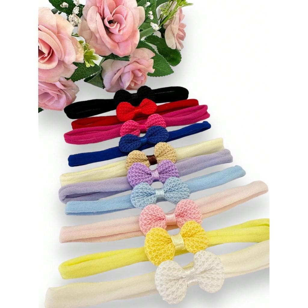 kit 10 tiaras p/recém nascido, faixas de bebê, lacinho de crochê na meia de seda