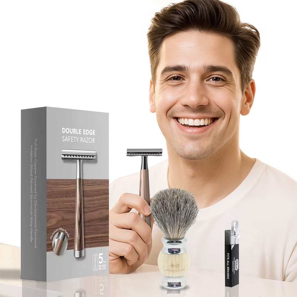 Kit Pincel Pelo Escova Texugo Navalha Barbeador Lâmina Barbearia