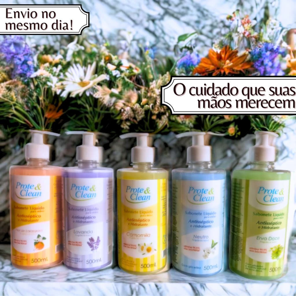 Sabonete Líquido de mãos Anticéptico e hidratante 500ml Prote & Clean Aroma Erva Doce Lavanda Natural e Laranja