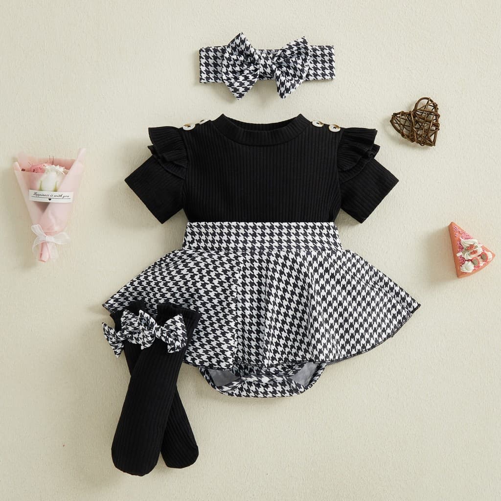Bebê Menina Houndstooth Manga Curta Com Nervuras Macacão Vestido Arco Bandana E Conjunto De Meias