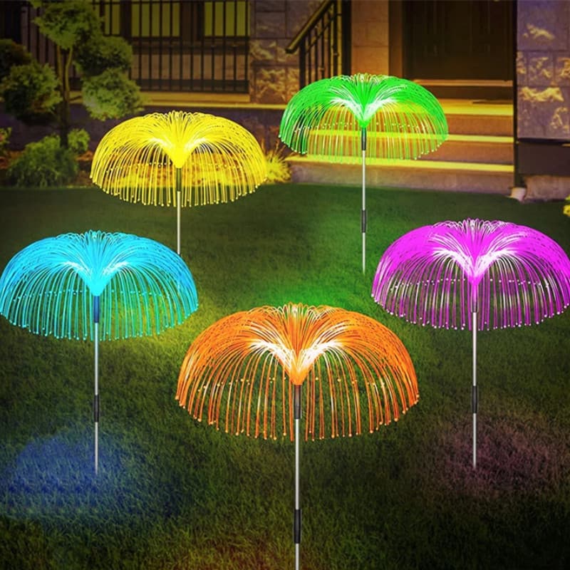 Kit 2 Luminárias Solares Água-Viva – Iluminação Colorida para Caminho Decoração de Jardim com Fibra Ótica Multicolorida