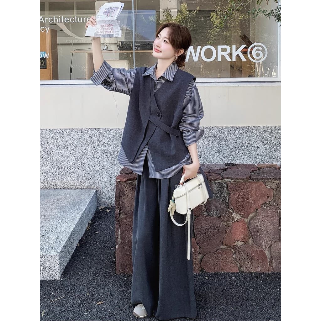 2025 novo estilo outono temperamento luz pessoas terno de três peças feminino Irregular moda All-Match colete camisa cal